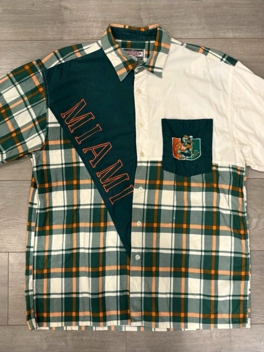Vintage 1990s Miami Split-Panel Plaid Button-Up Shirt - Green/White